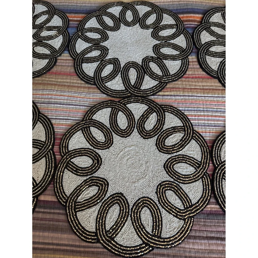 MacKenzie-Childs Beaded Placemats Set of 6 Black White Gold Round 15